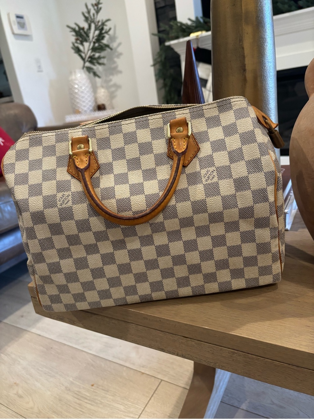 Louis Vuitton Damier Azur Satchel in Cream and Tan Leather